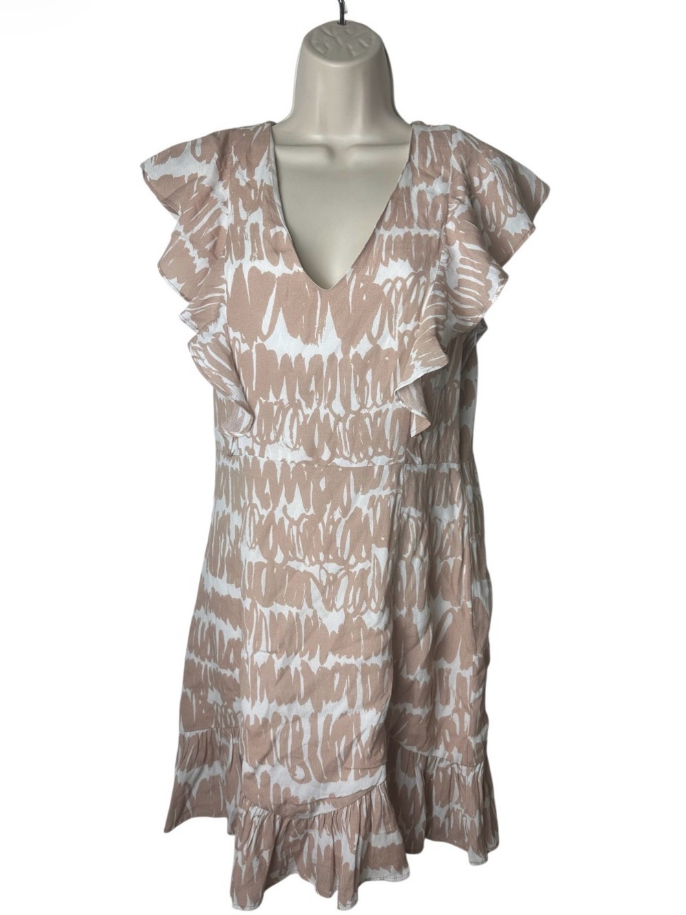Fate Beige and White Ruffle V-Neck Mini Dress
